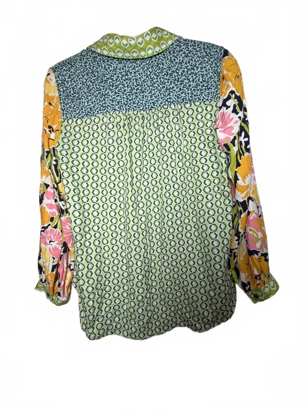 Maeve Paz Patchwork Print Button Down Blouse Green Floral Dog Small - Picture 6 of 7